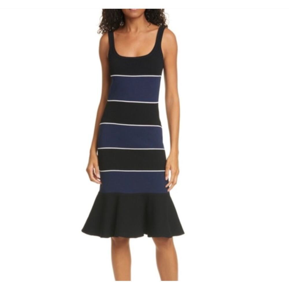 Tanya Taylor Noreen Knit Dress Black Navy Striped Sleeveless Flounce Hem MEDIUM